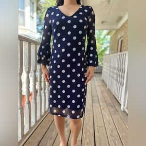 Navy Blue Polka Dot Long Sleeve Dress with Sheer Bell Sleeve Sz Small